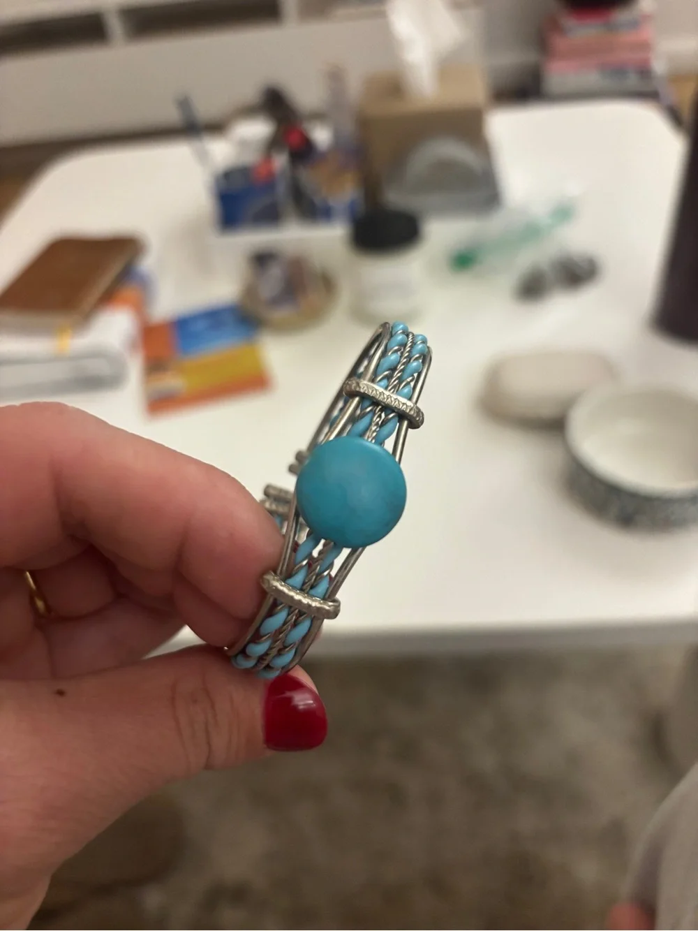 Turquoise Stone Silver-Tone Cuff Bracelet - Women Jewelry